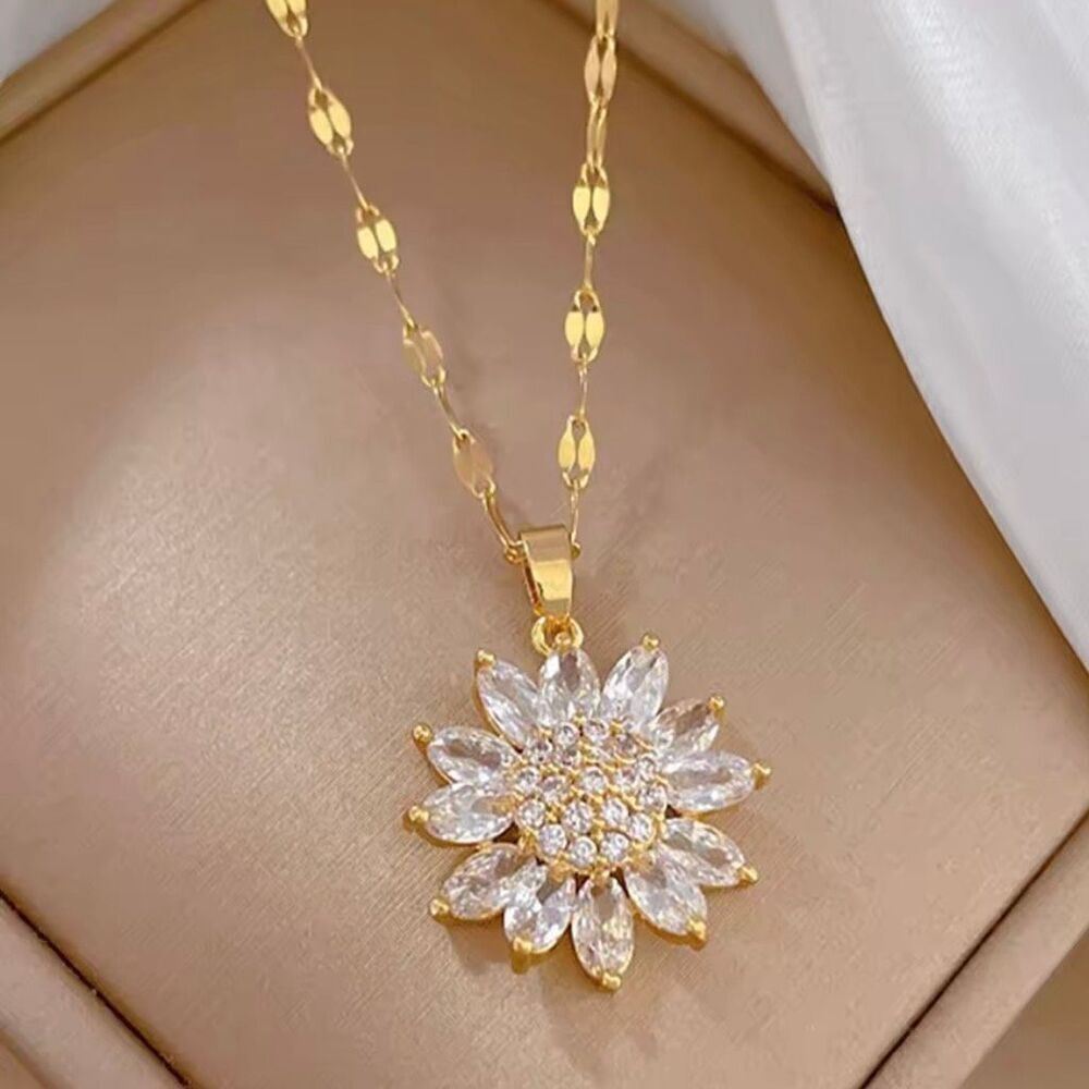 Gold Sun Flower Pendant Necklace – Marquise-Cut Sparkle, Elegant Gift
